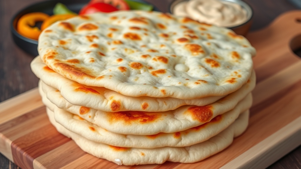 Delicious Homemade Flatbread Recipe A stack of freshly made flatbreads alongside a bowl of hummus and fresh vegetables on a wooden board.